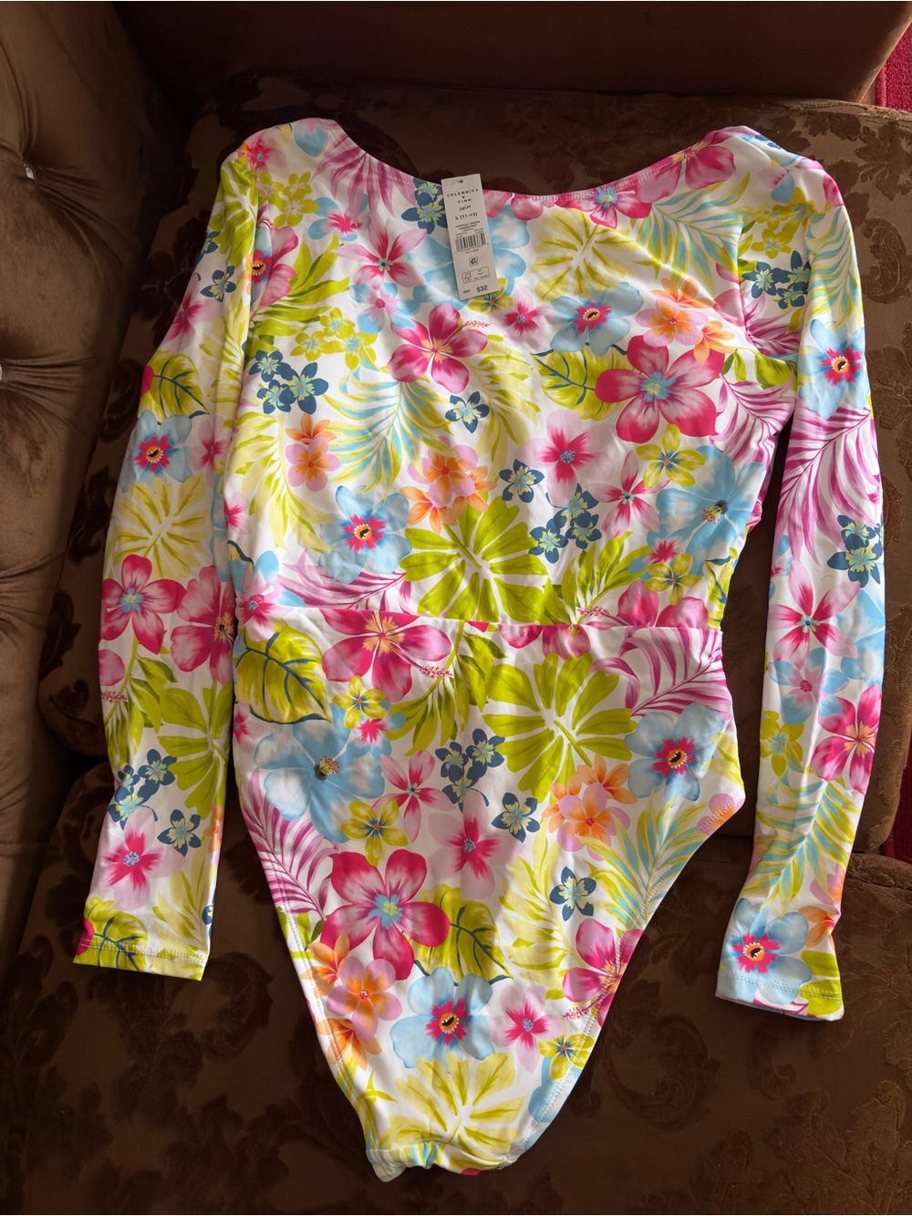 Celebrity Pink Girls Floral Long-Sleeve One-Piece Swimsuit in Pink, Blue & Green